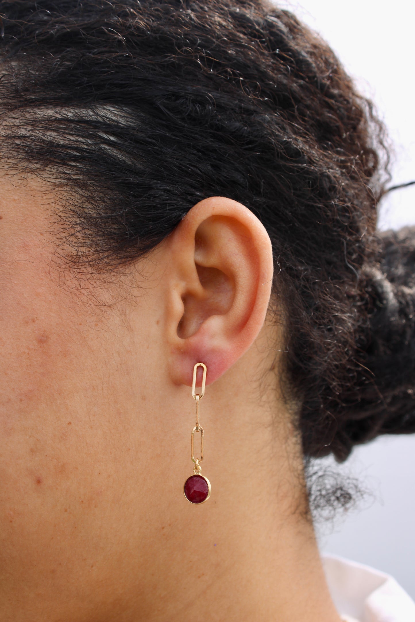 Paperclip Chain Stud Gemstone Drop Earrings