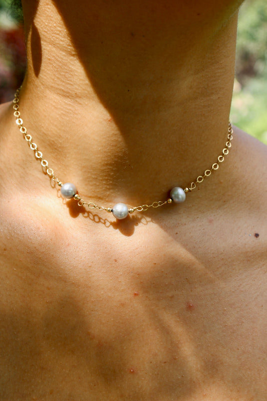 Triple Silver Blue Pearl Chocker Necklace